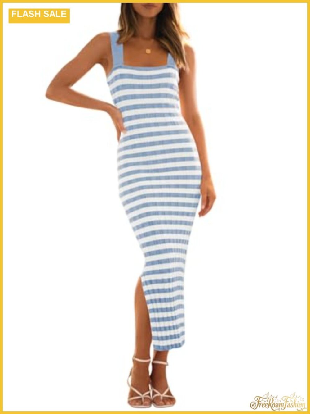Women's Ribbed Knit Bodycon Midi Sweater Dress Sleeveless Square Neck Striped